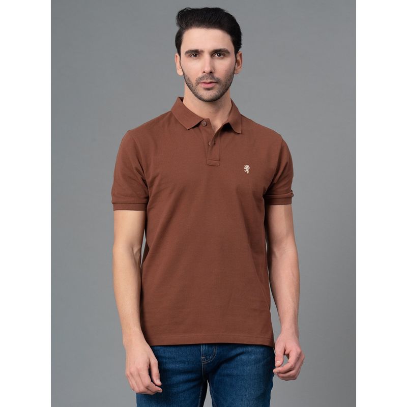 Red Tape Brown Solid Cotton Polo Neck Mens T-Shirt (M)
