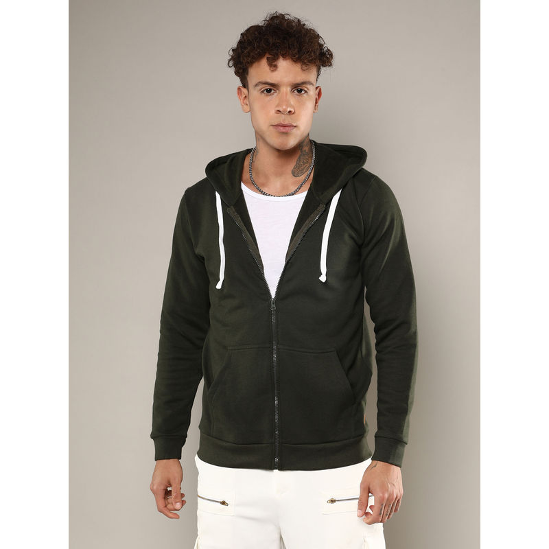 Campus Sutra Men's Green Zipper Hoodie with Contrast Drawstring (L)