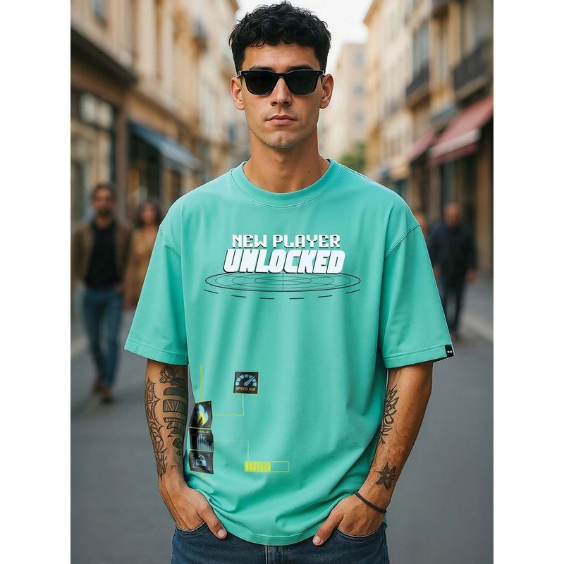 Bewakoof Men Sea Green Typography Printed Oversized T-shirt (M)