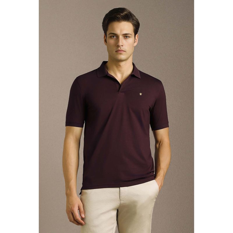 Louis Philippe Men's Wine Solid Mercirised Polo T-shirt with Contrast Branding (XL)