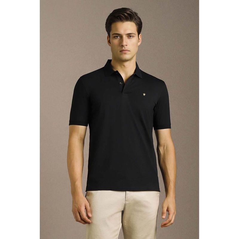 Louis Philippe Men's Black Solid Mercirised Polo T-shirt with Contrast Branding (M)