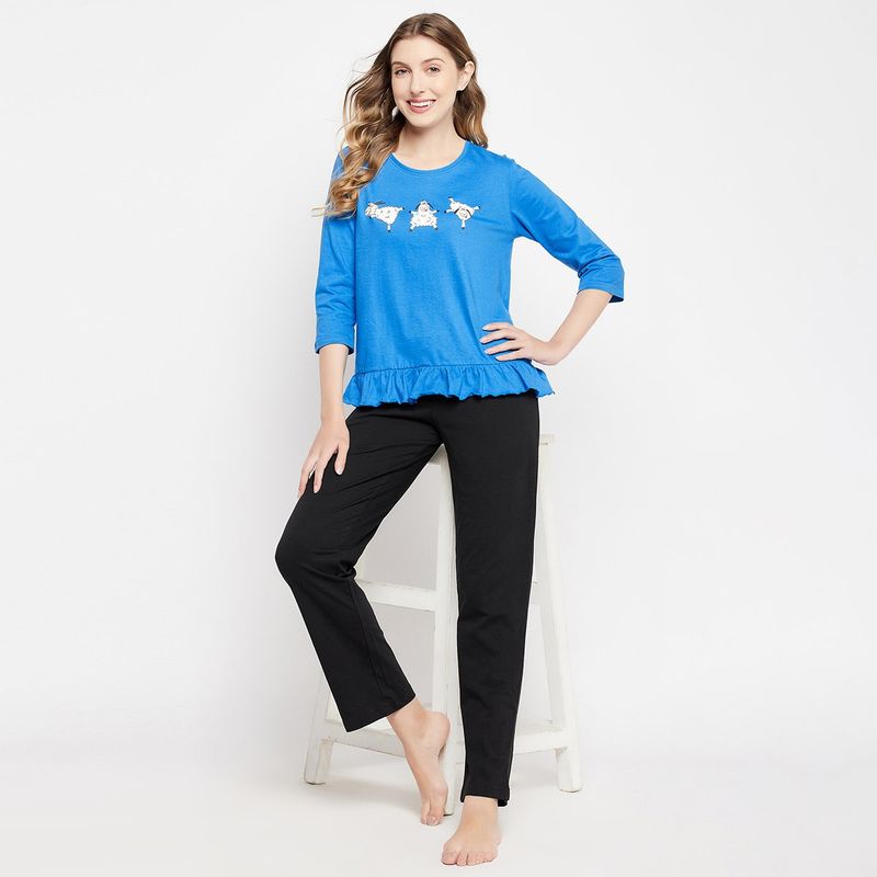 Clovia Printed Top & Basic Pyjama Set - 100% Cotton (S)