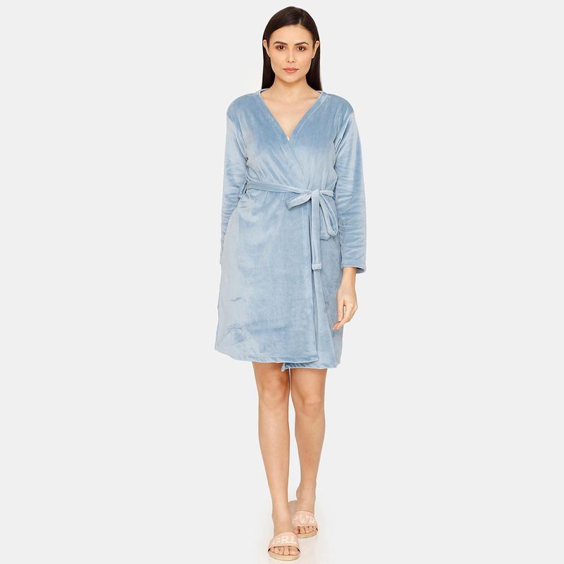 Zivame Luxe Leisure Velour Knit Poly Robe - Blue Shadow (M)