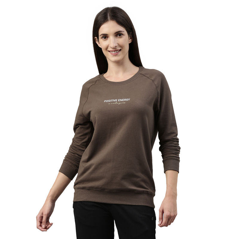 Enamor E079 Women Printed Casual Crew Neck Full Sleeve Cotton Sweatshirt Brown (L)