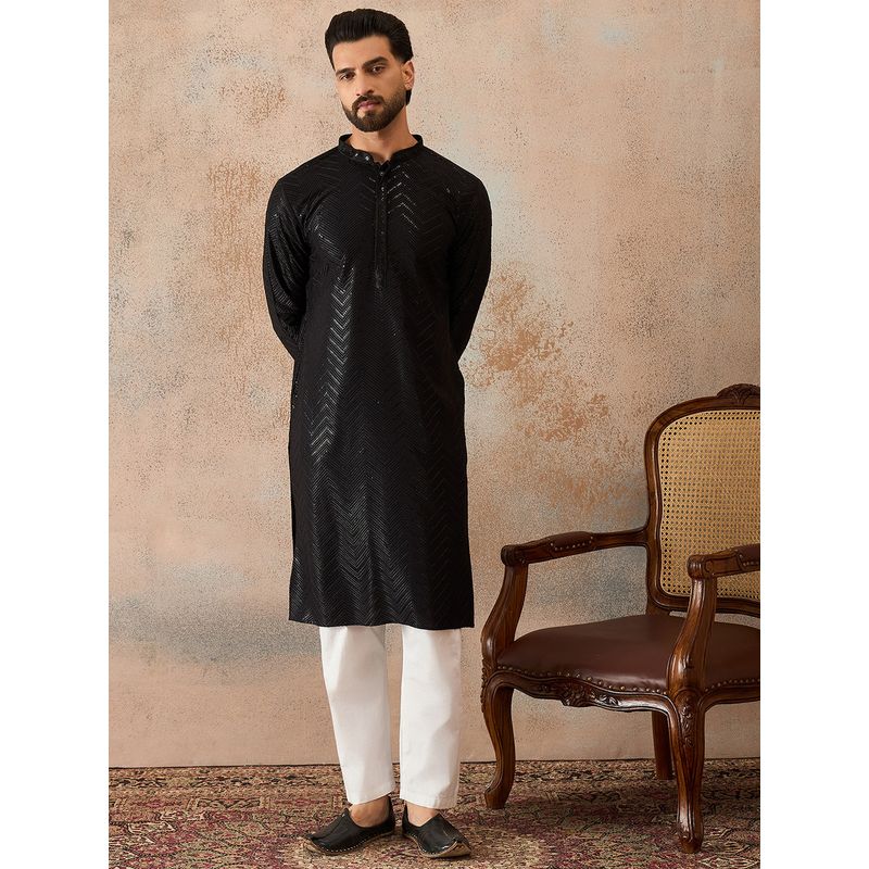ETHNIC BAY Men Black Rayon Embroidered Solid Straight Kurta With Pant (M)