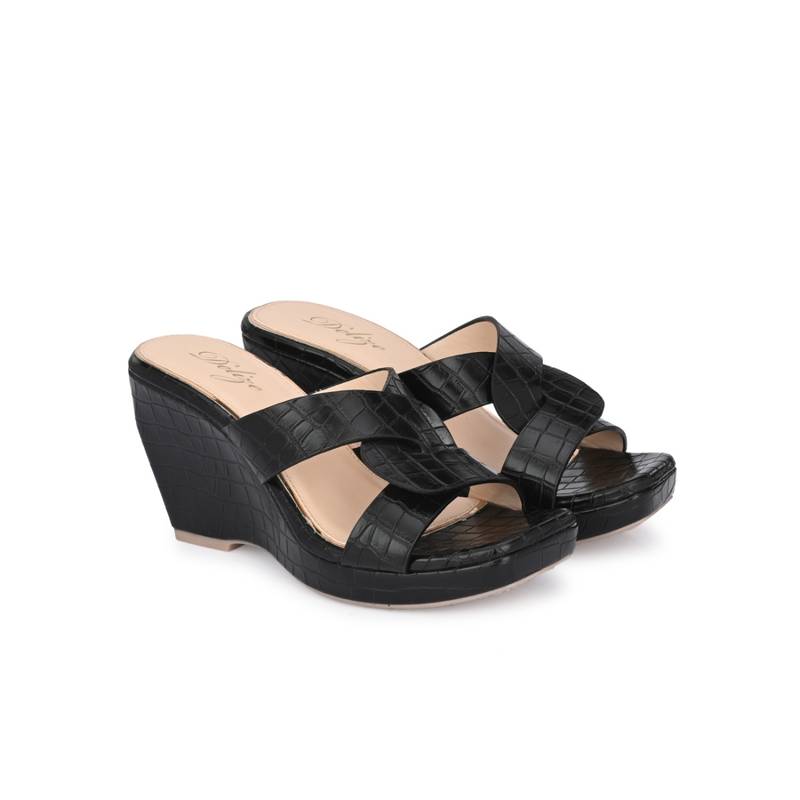 Delize Light - Women Black Croco Print Vegan Leather Cross Strap Wedge Heel Sandals (UK 3)