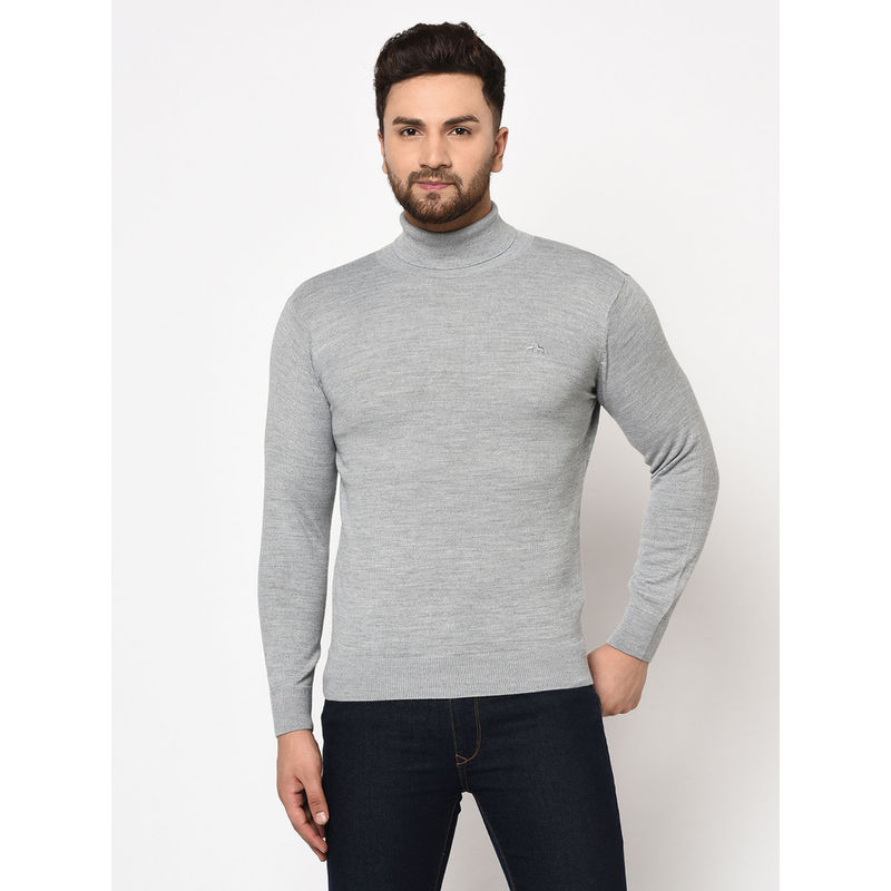 98 Degree North Grey Solid High Neck Full Sleeve Sweater (M)
