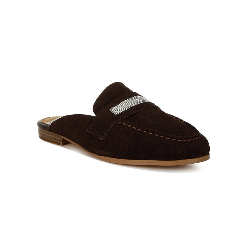 Rag & Co Brown Rhinestone Strap Suede Mules (EURO 38)