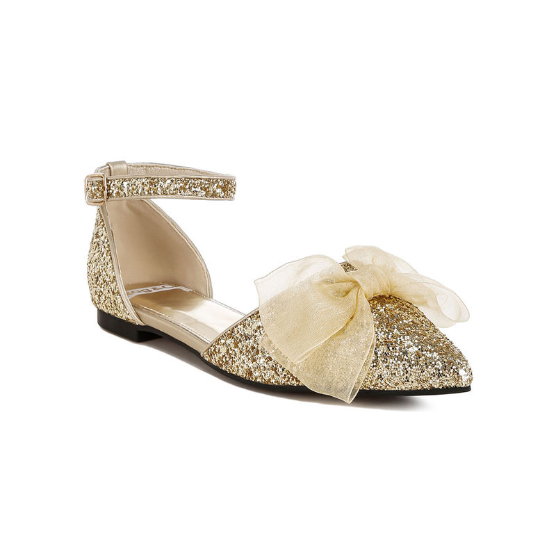 Rag & Co Gold Sheer Bow Detail Glitter Flat Sandals (EURO 39)
