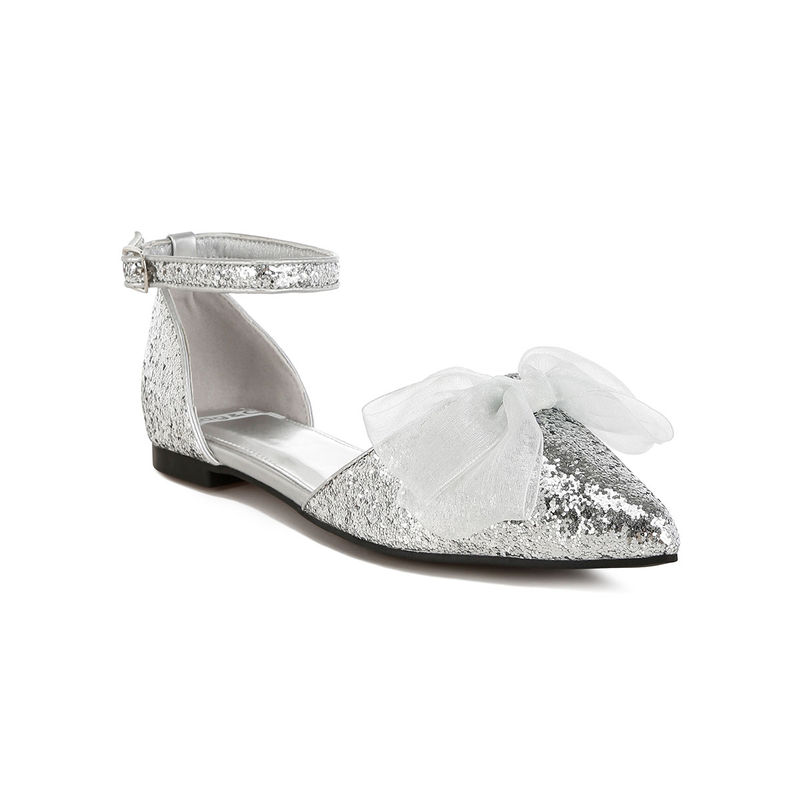 Rag & Co Silver Sheer Bow Detail Glitter Flat Sandals (EURO 38)