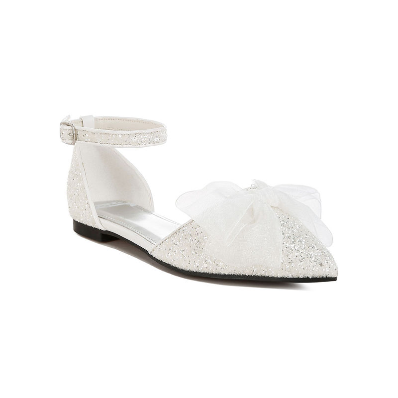 Rag & Co White Sheer Bow Detail Glitter Flat Sandals (EURO 39)