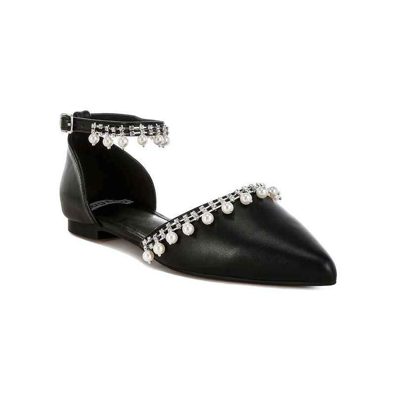 Rag & Co Black Rhinestone and Pearl Ankle Strap Flat Sandals (EURO 36)