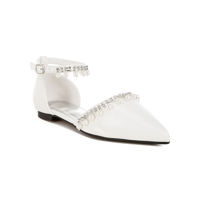 Rag & Co White Rhinestone and Pearl Ankle Strap Flat Sandals (EURO 36)