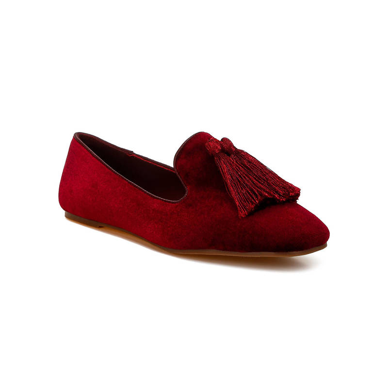 Rag & Co Burgundy Iconic Tassel Detail Velvet Loafers (EURO 36)