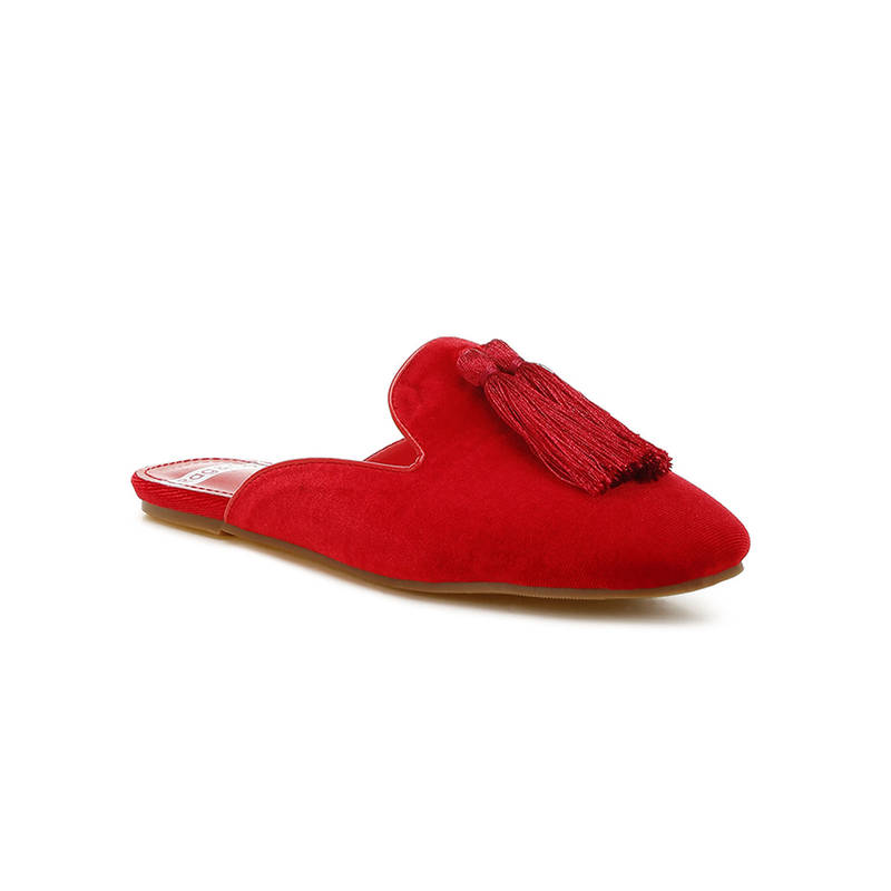 Rag & Co Red Tassel Detail Velvet Mules (EURO 37)