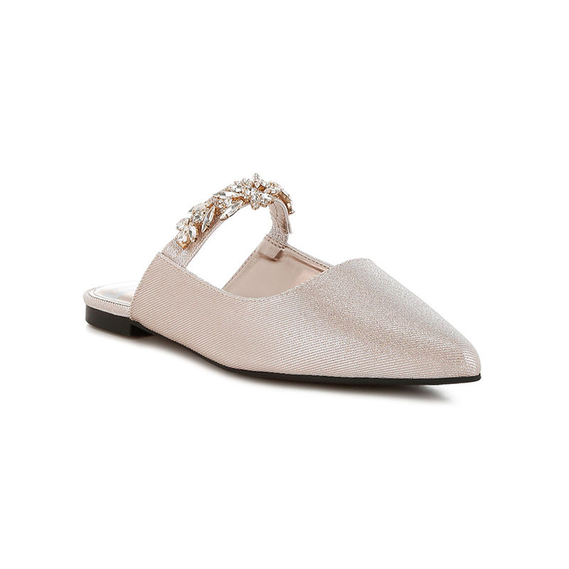 Rag & Co Beige Diamante Strap Glitter Mules (EURO 36)