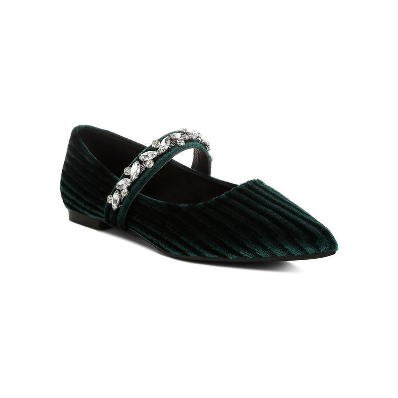 Rag & Co Green Diamante Brooch Velvet Ballerinas (EURO 36)