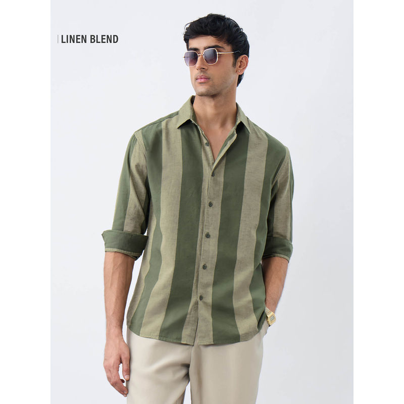 The Souled Store Cotton-Linen Stripes Olive Tree Men Cotton Linen Shirt (2XL)