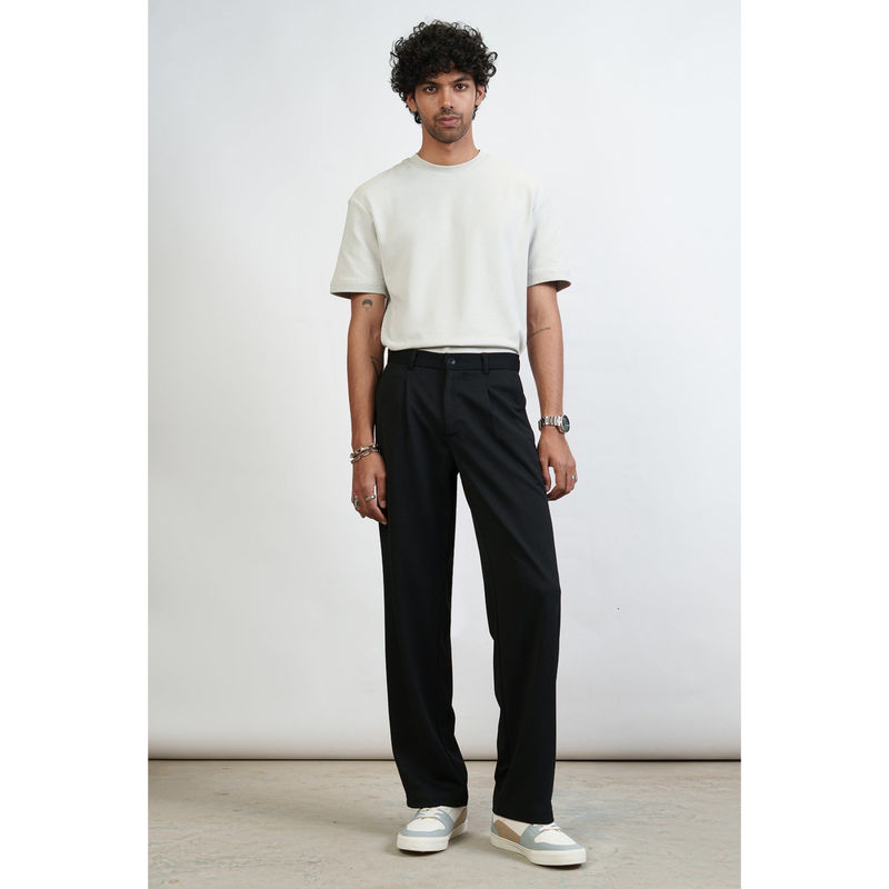 FREAKINS Black Mens Pleated Straight Korean Casual Trouser (36)