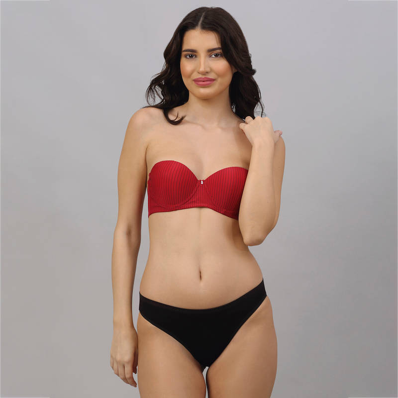 PrettyCat Strapless Pushup Striped Bra Panty Set - Red (34B)