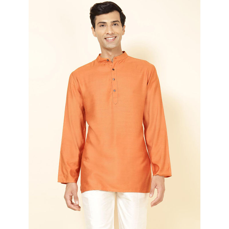 Fabindia Viscose Silk Orange Solid Mandarin Neck Full Sleeves Comfort Fit Men Kurta (XL)