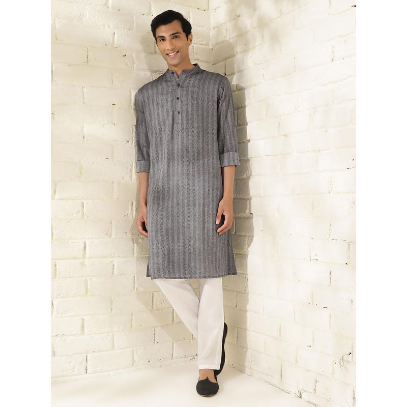 Fabindia Cotton Grey Woven Stripes Mandarin Neck Full Sleeves Comfort Fit Men Kurta (S)