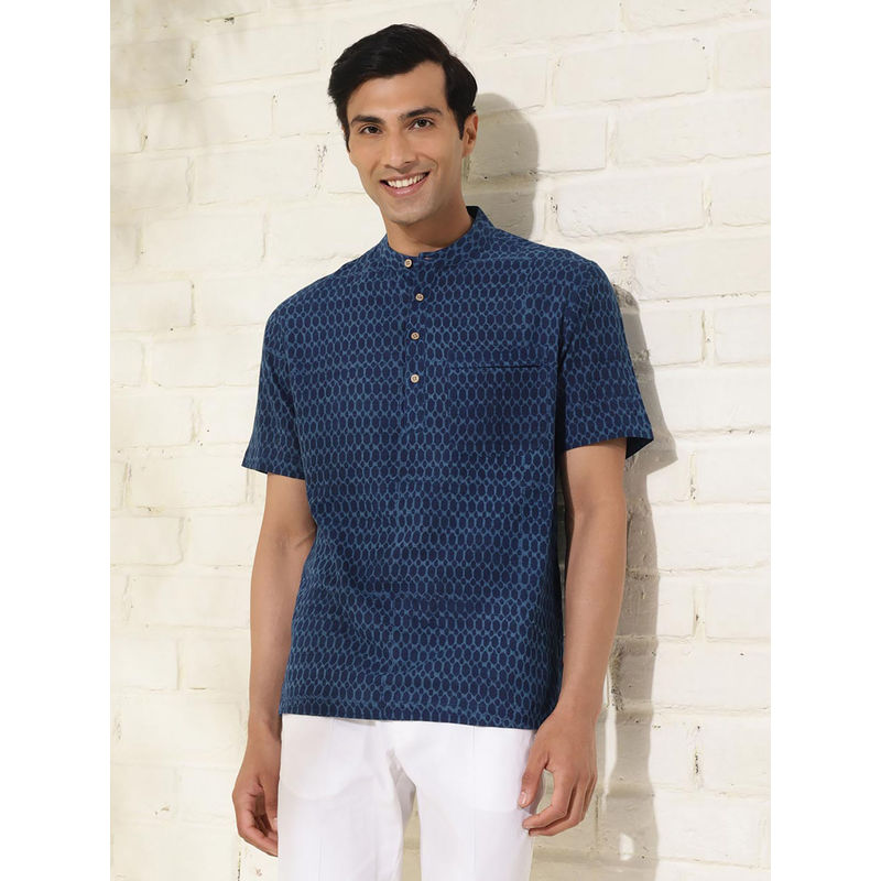 Fabindia Cotton Silk Blue Dabu Print Mandarin Neck Comfort Fit Men Mid Placket Shirt (M)