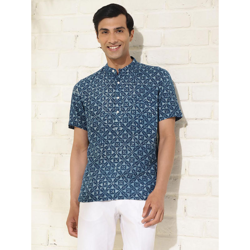 Fabindia Cotton Indigo Printed Mandarin Neck Slim Fit Men Mid Placket Shirt (XS)