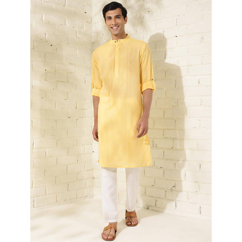 Fabindia Cotton Yellow Dobby Print Mandarin Neck Roll-Up Sleeves Slim Fit Men Kurta (S)