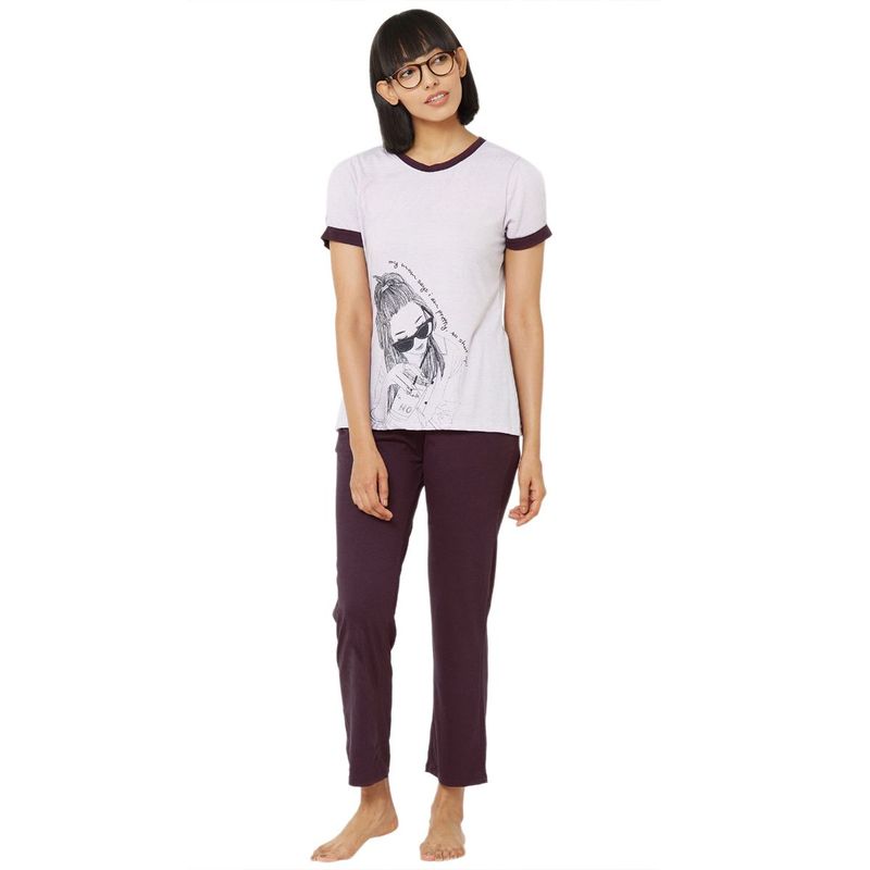 SOIE Women's Cold-Shoulder Soft Cotton Top & Pyjama Combo - Purple (L)