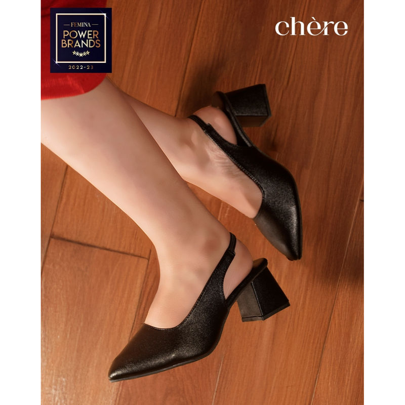 CHERE Black Pointed Slingback Block Sandal Heels (EURO 37)