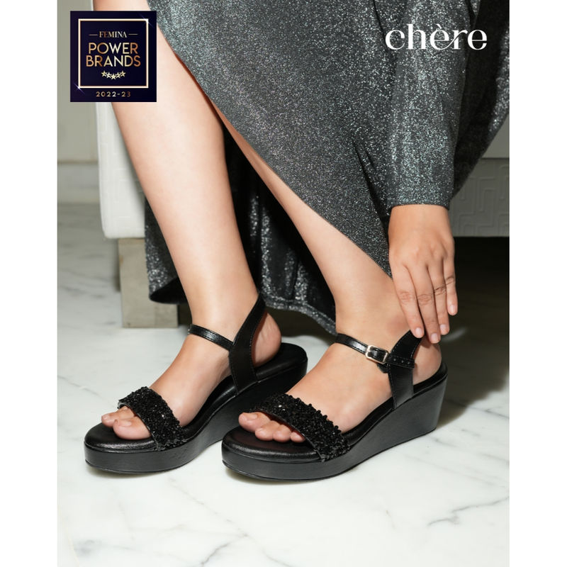 CHERE Black Luxe Pearl Embellished Wedges Heels (EURO 36)