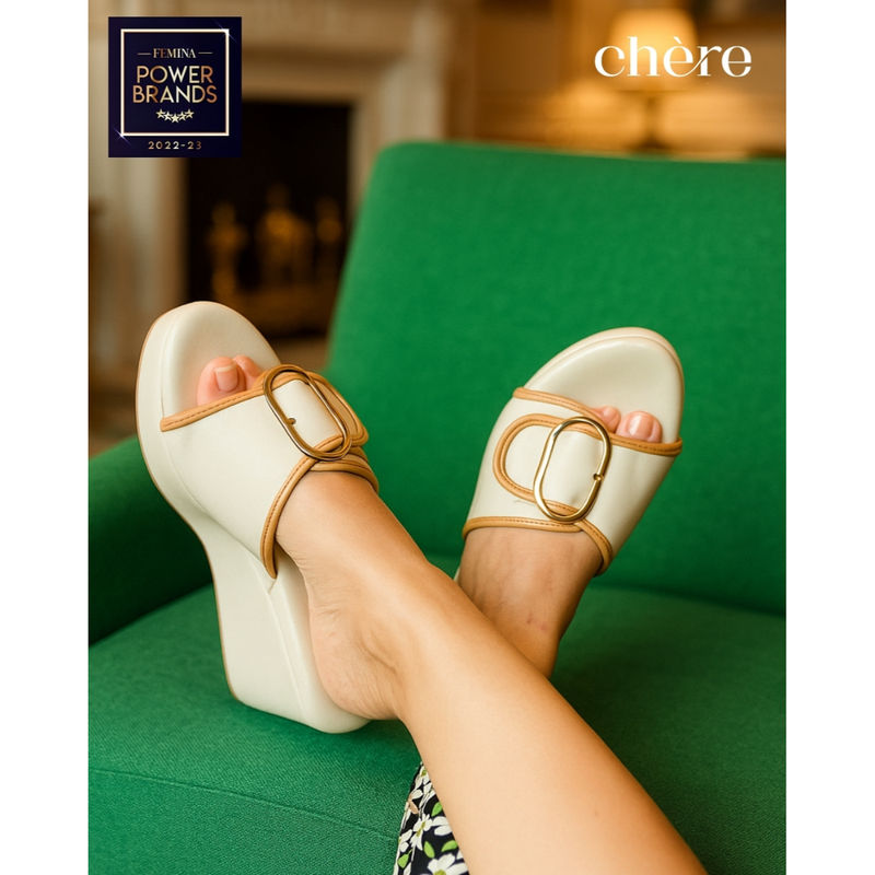 CHERE Beige Buckle Strap Wedges Heels for Women (EURO 37)