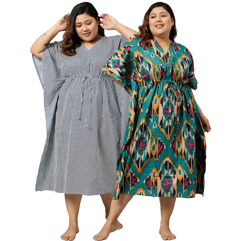 Secrets By ZeroKaata Women Plus Size Pure Cotton Kaftan Nightdress (Set of 2) (L)