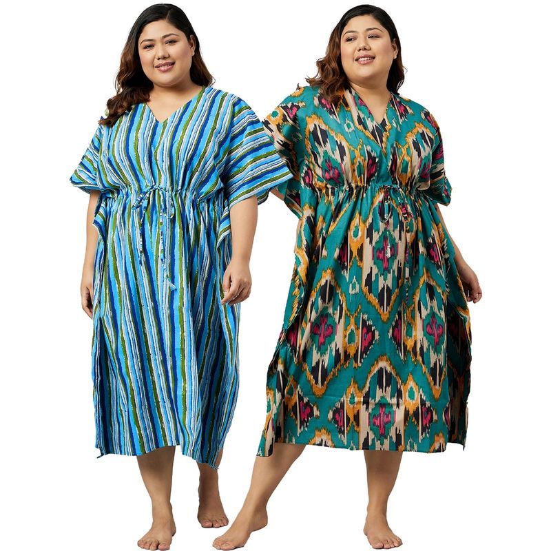 Secrets By ZeroKaata Women Plus Size Pure Cotton Kaftan Nightdress (Set of 2) (L)