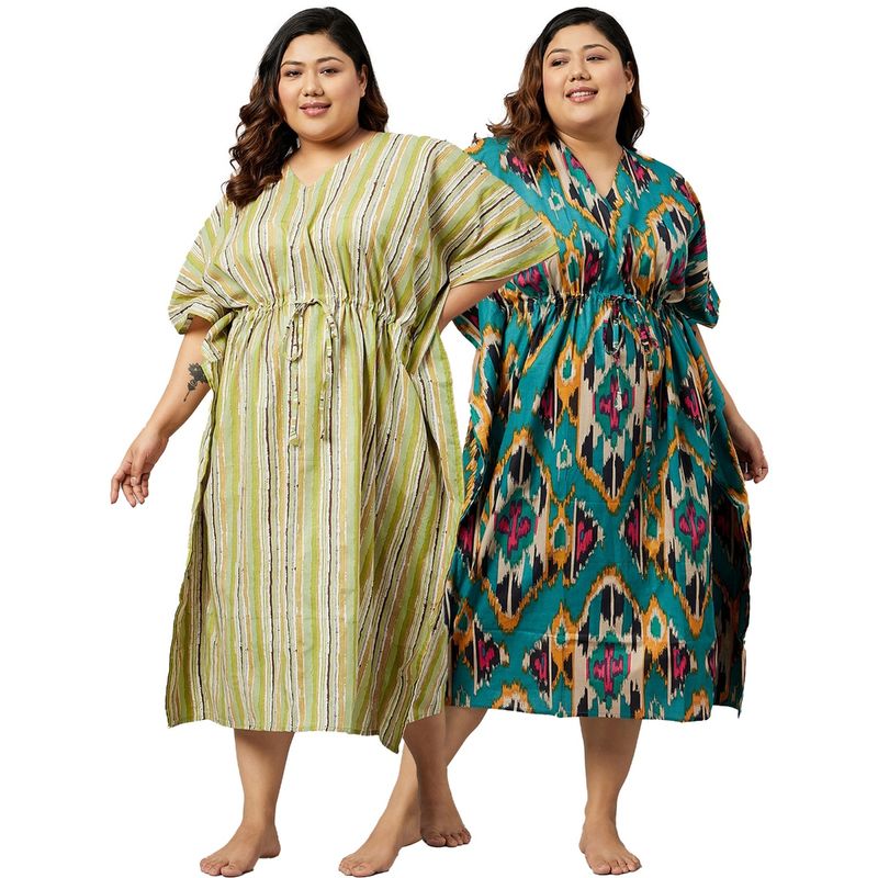 Secrets By ZeroKaata Women Plus Size Pure Cotton Kaftan Nightdress (Set of 2) (L)