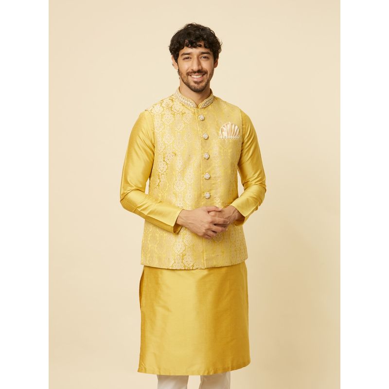 Manyavar Men Yellow Brocade Woven Nehru Jacket (L)