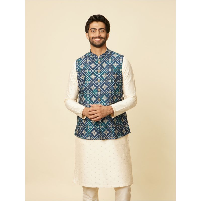Manyavar Men Blue Blended Viscose Printed Nehru Jacket (M)