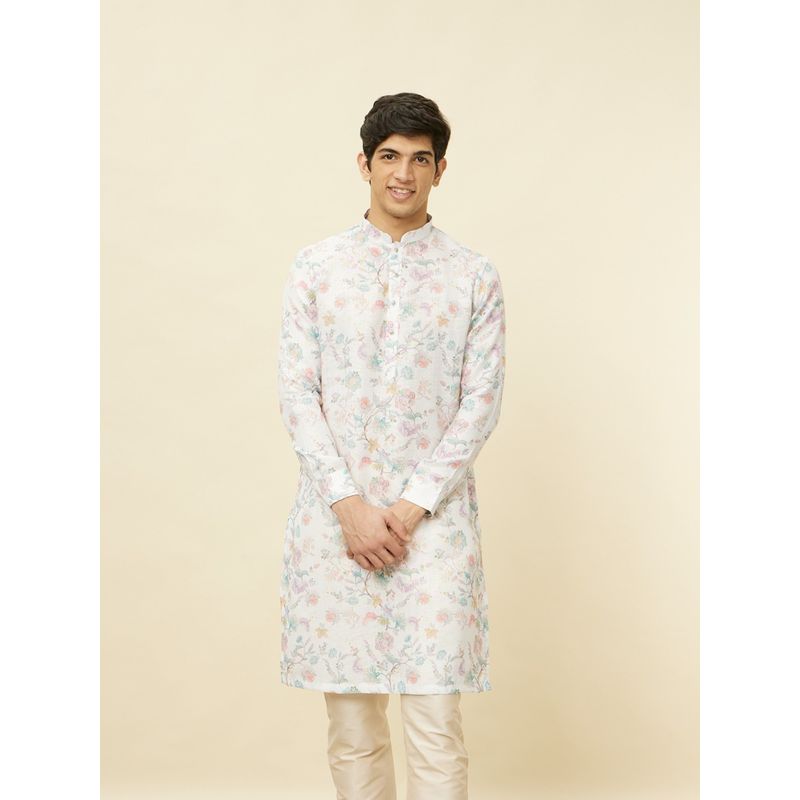 Manyavar Men Warm White Blended Cotton Floral Printed Kurta (M)