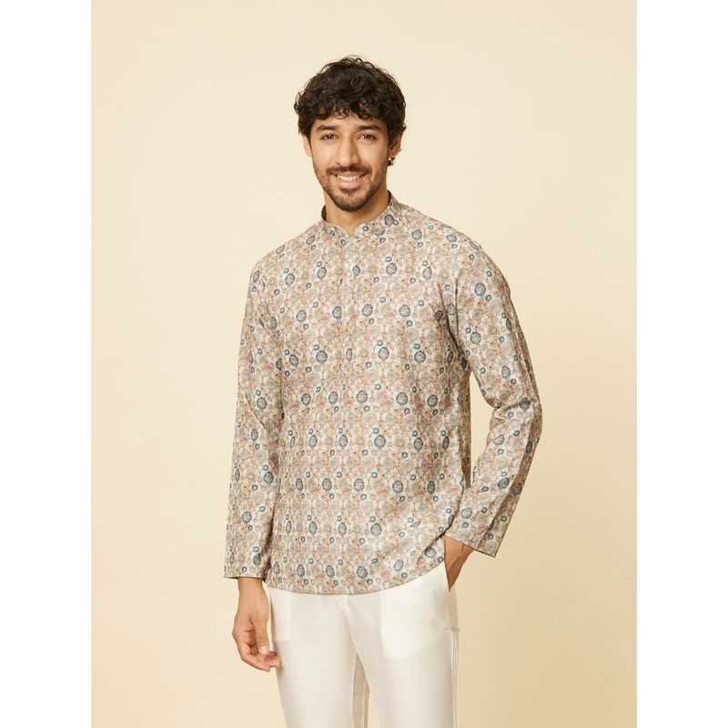 Manyavar Men Beige Blended Cotton Printed Short Kurta (XL)