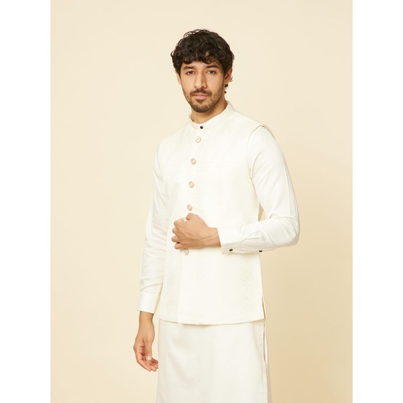Manyavar Men Warm White Brocade Woven Design Nehru Jacket (S)