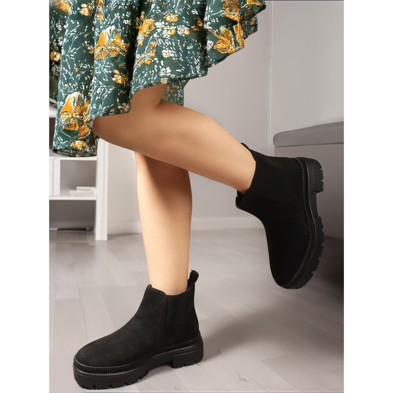 ELLE Black Slip On Mid Top Women Chelsea Boots (EURO 36)