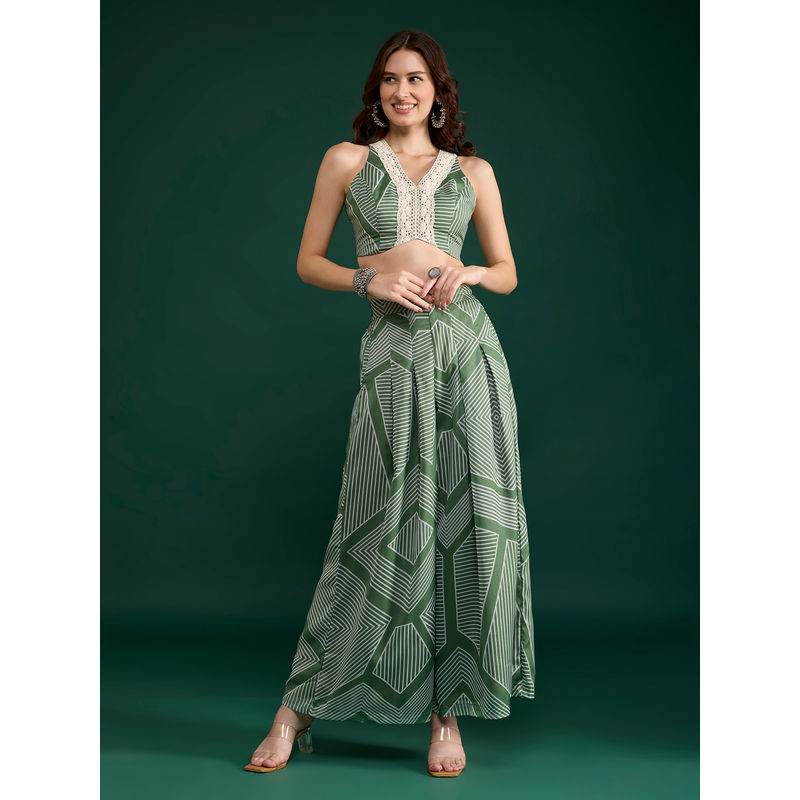 Gajra Gang Olive Georgette Print Crop Top & Pant Trousseau Tijori (Set of 2)(XS)