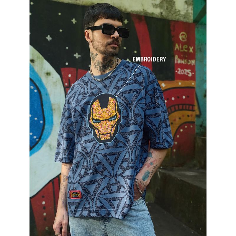 The Souled Store Official Marvel Iron Man: Indie Mask Blue Men Super Oversized T-Shirt (XS)