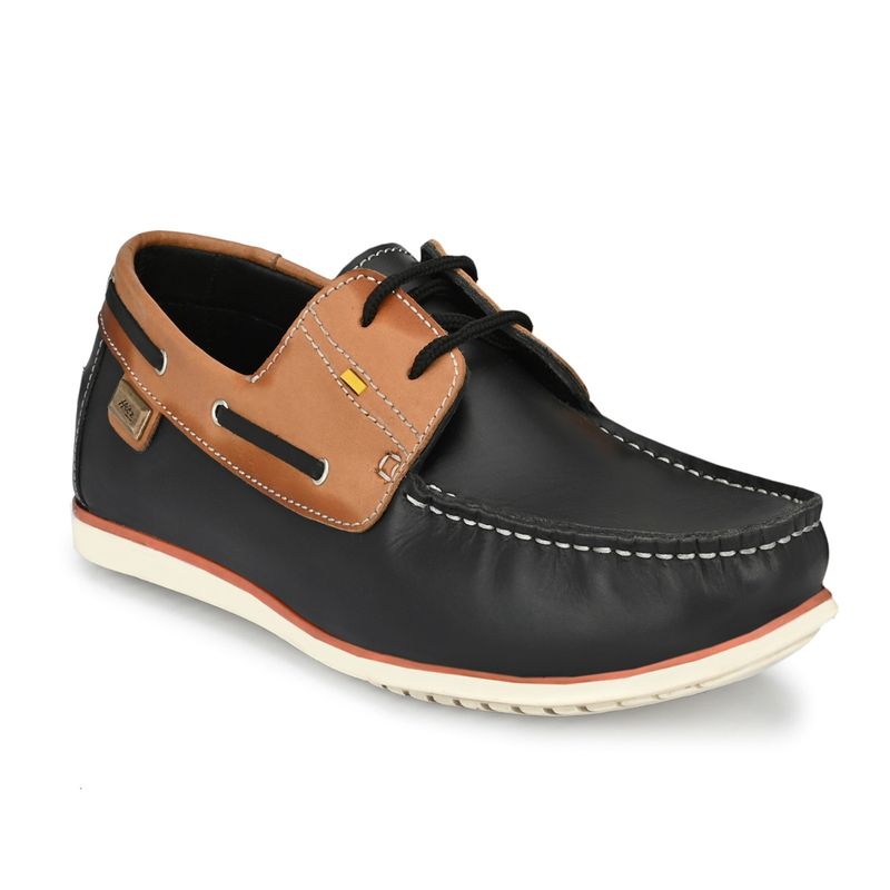 Hitz Men's Black Leather Lace-up Boat Shoes (UK 6)