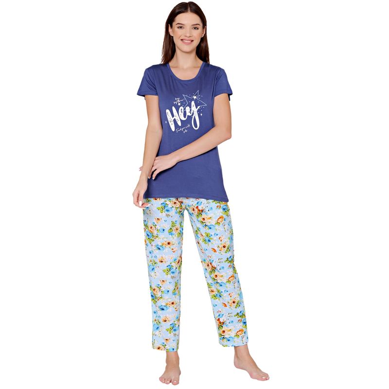 Bodycare Womens Modal Spandex Printed T-Shirt & Pyjama BSLS14004 Blue (Set of 2) (M)