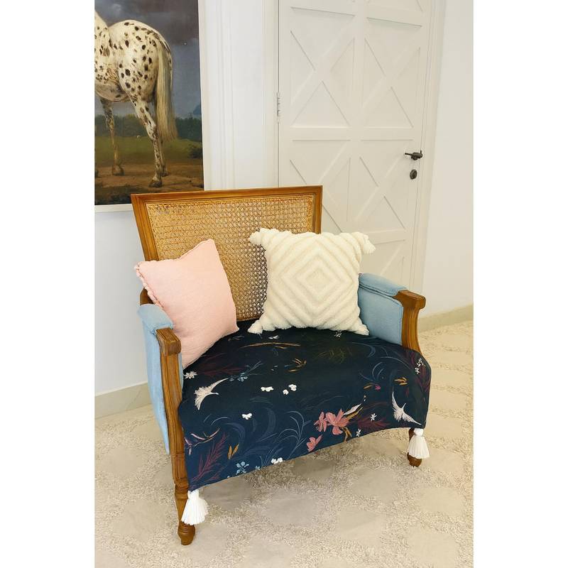 THROW PILLOW Blue Bloom Printed with White Corner Tassels Sofa Cover (1 Seater)