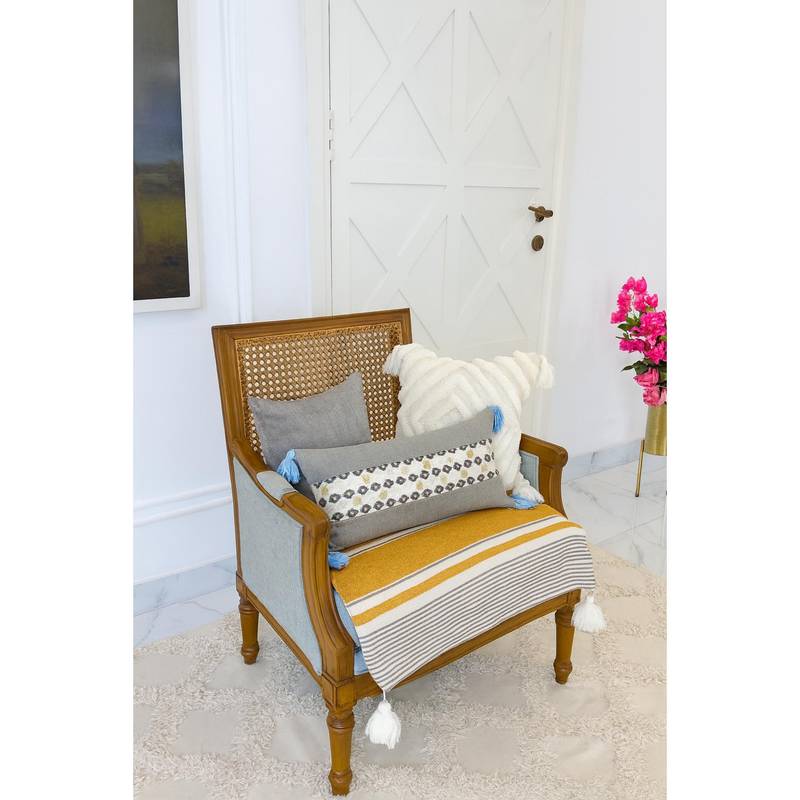 THROW PILLOW Mustard Symmetric with White Corner Tassels Sofa Cover (1 Seater)