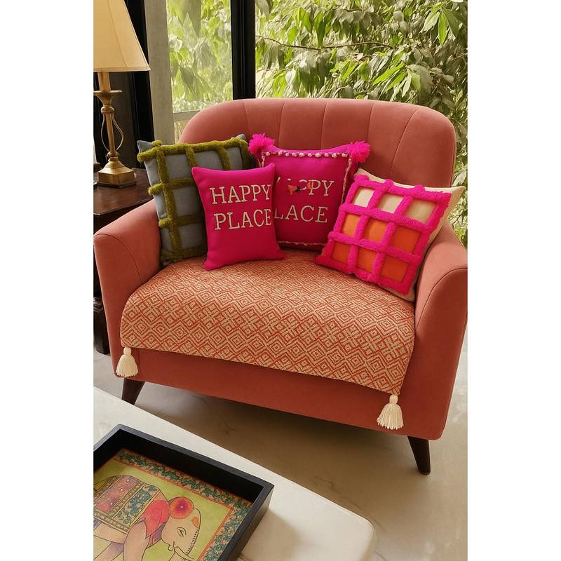 THROW PILLOW Orange Aztec with White Corner Tassel Sofa Cover (1 Seater)