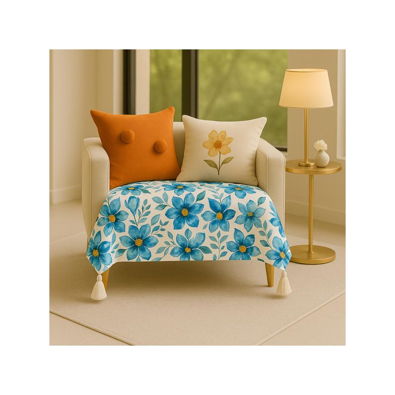 THROW PILLOW Blue Floral with White Corner Tassel Sofa Cover (1 Seater)
